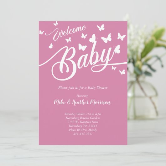 Butterfly Baby shower  Roze Meisje Kaart (Staand voorkant)
