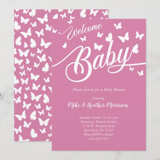 Butterfly Baby shower  Roze Meisje Kaart (Voorkant / Achterkant)