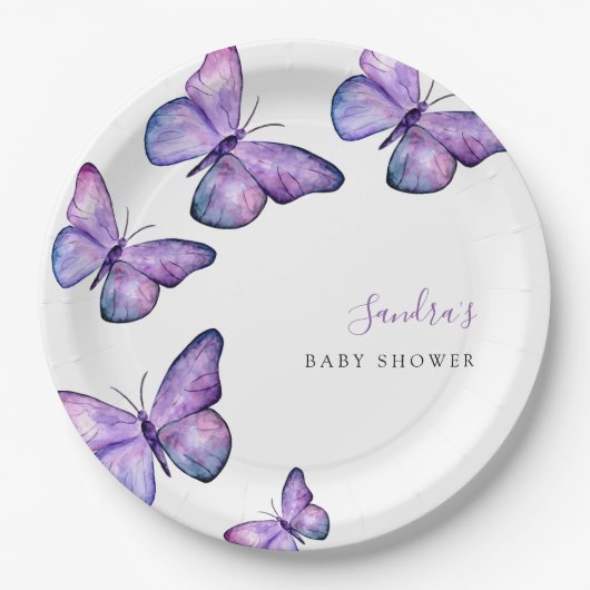Butterfly Baby shower Script Custom Minimal Paars Papieren Bordje (Voorkant)