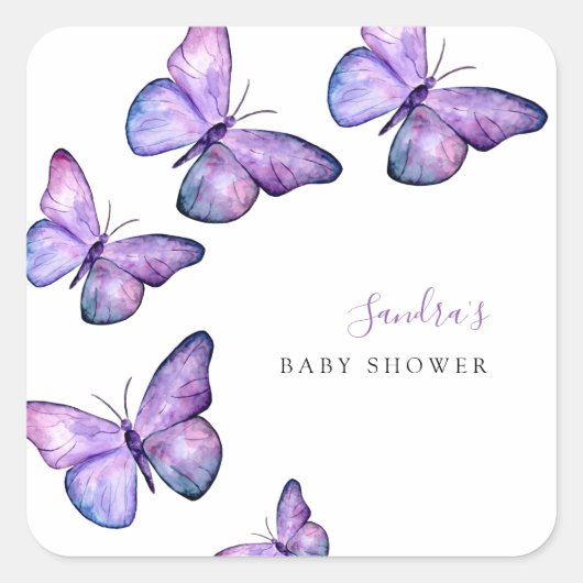 Butterfly Baby shower Script Custom Minimal Paars Vierkante Sticker (Voorkant)