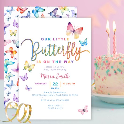 Butterfly Baby shower Uitnodigen – Rainbow Glitter Kaart