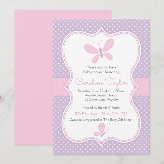 Butterfly Baby shower Uitnodiging paarse roze (Voorkant / Achterkant)