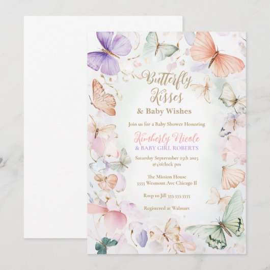 Butterfly baby shower uitnodiging vlinderkusjes (Voorkant / Achterkant)
