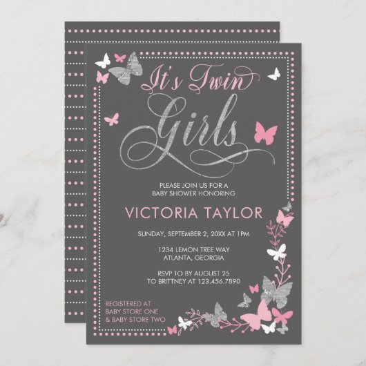 Butterfly Baby shower Uitnodiging voor Tweeling (Voorkant / Achterkant)