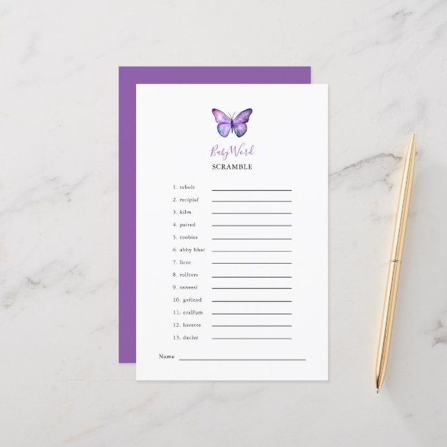 Butterfly Baby shower Word Scramble Game Party (Voorkant / Achterkant in situ)