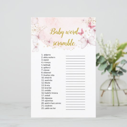 Butterfly Baby Word Scramble Baby shower Games (Staand voorkant)