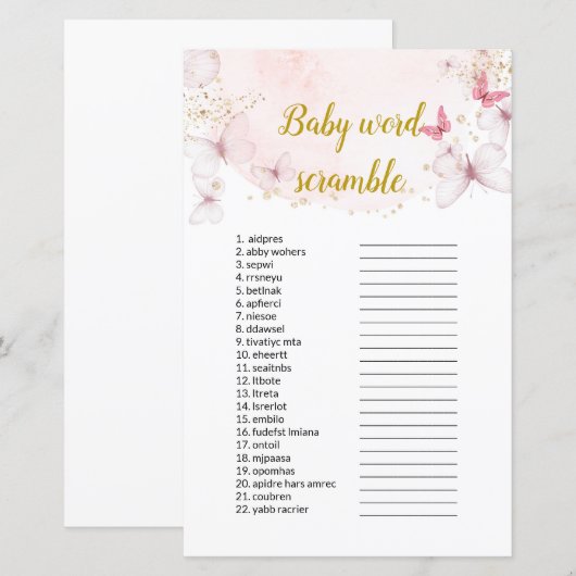 Butterfly Baby Word Scramble Baby shower Games (Voorkant / Achterkant)