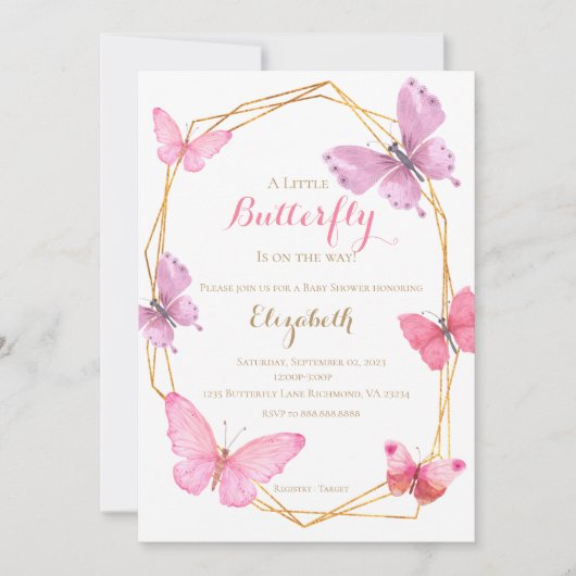 Butterfly BabyShower uitnodiging roze paarse (Voorkant)