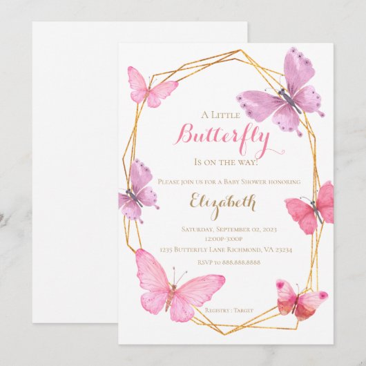 Butterfly BabyShower uitnodiging roze paarse (Voorkant / Achterkant)