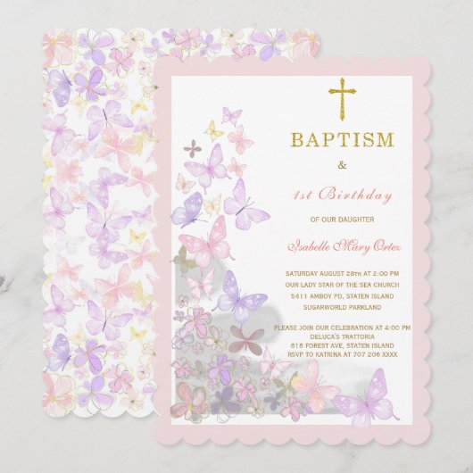 Butterfly Baptism Eerste en Verjaardag Uitnodiging (Voorkant / Achterkant)