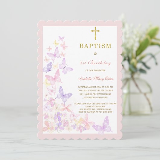 Butterfly Baptism Eerste en Verjaardag Uitnodiging (Staand voorkant)