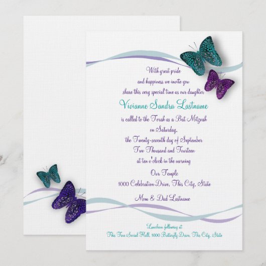 Butterfly Bat Mitzvah Kaart (Voorkant / Achterkant)