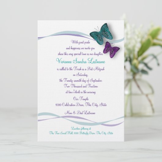 Butterfly Bat Mitzvah Kaart (Staand voorkant)