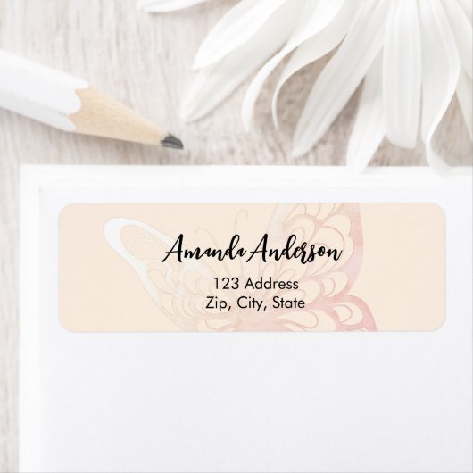 Butterfly beige roze retouradres label (Insitu)