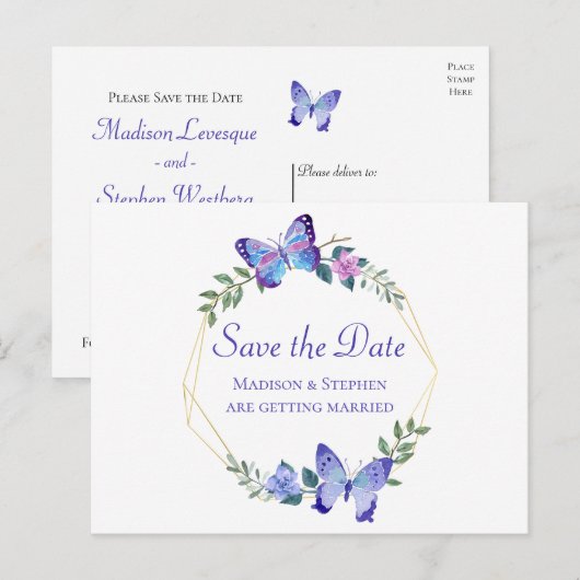 Butterfly Bewaar de datum Vlinders Bloemenblauw Briefkaart (Voorkant / Achterkant)