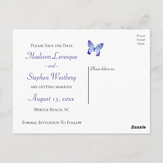 Butterfly Bewaar de datum Vlinders Bloemenblauw Briefkaart (Achterkant)