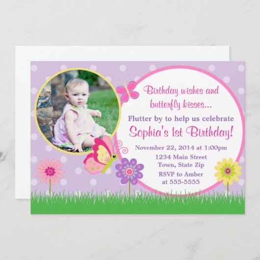 Butterfly Birthday Invitation 5x7 Photo Card Kaart (Voorkant / Achterkant)