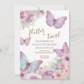 Butterfly birthday invitation, girl flutter  kaart (Voorkant)