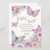 Butterfly birthday invitation, girl flutter  kaart (Voorkant / Achterkant)