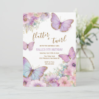 Butterfly birthday invitation, girl flutter kaart