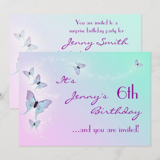 Butterfly Birthday Invitation Kaart (Voorkant / Achterkant)