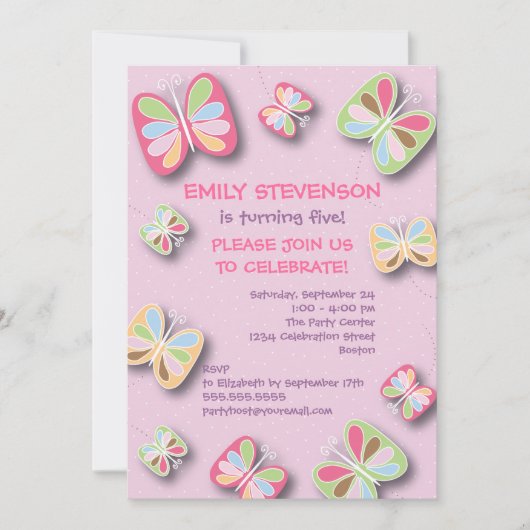 Butterfly Birthday Party Invitation Pink & Paars Kaart (Voorkant)