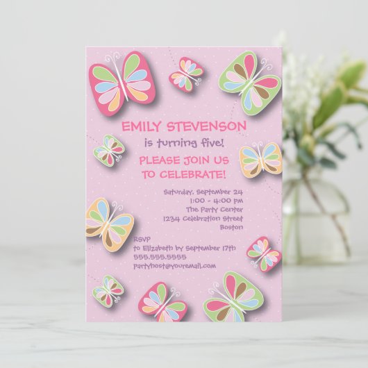 Butterfly Birthday Party Invitation Pink & Paars Kaart (Staand voorkant)