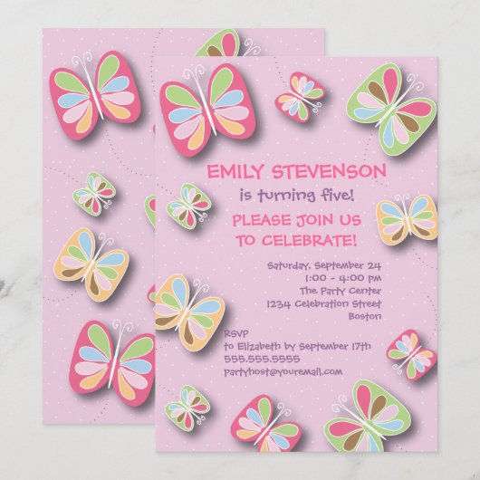 Butterfly Birthday Party Invitation Pink & Paars Kaart (Voorkant / Achterkant)