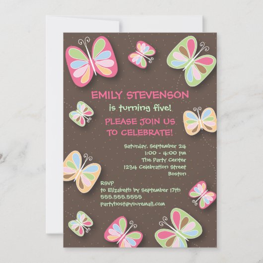 Butterfly Birthday Party Invitation roze & Brown Kaart (Voorkant)