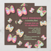 Butterfly Birthday Party Invitation roze & Brown Kaart (Voorkant / Achterkant)