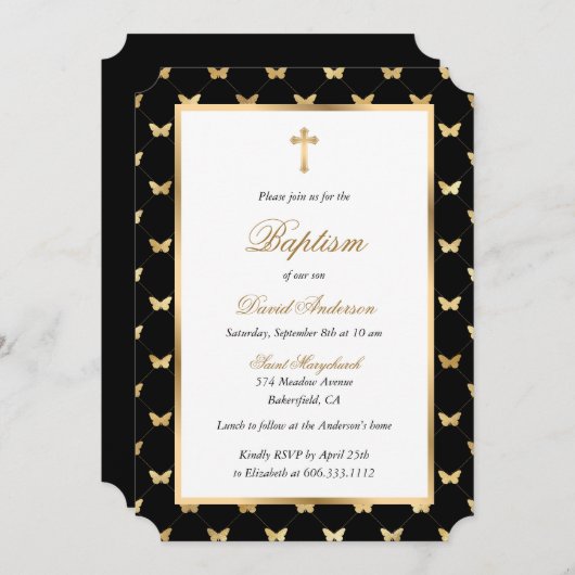 Butterfly Black Gold Cross Elegant Script Doop Kaart (Voorkant / Achterkant)
