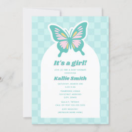 Butterfly Blauwgroen Checkerboard Girl Baby shower Kaart