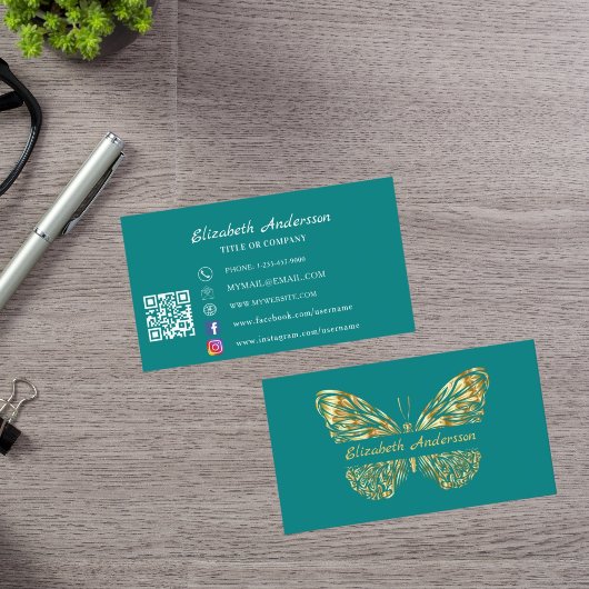 Butterfly blauwgroen groen goud QR code elegant Visitekaartje