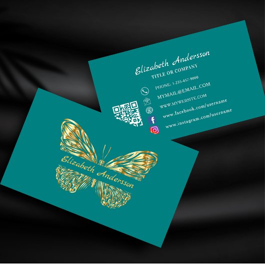 Butterfly blauwgroen groen goud QR code elegant Visitekaartje