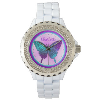 Butterfly Blauwgroen Paars Ombre Cute Personalized Horloge