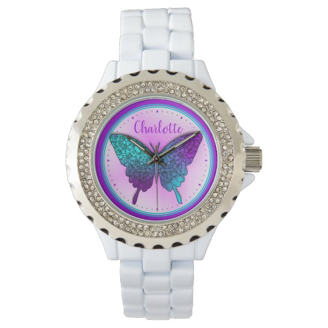 Butterfly Blauwgroen Paars Ombre Cute Personalized Horloge (Voorkant)