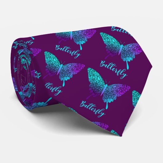  Butterfly Blauwgroen Paars Ombre Graphic Stropdas (Opgerold)