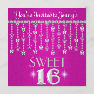 Butterfly BLING SWEET 16 HOT PINK Invitation Kaart