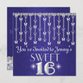 Butterfly BLING SWEET 16 ROYAL BLUE Invitation Kaart (Voorkant / Achterkant)