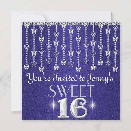 Butterfly BLING SWEET 16 ROYAL BLUE Invitation Kaart (Voorkant)