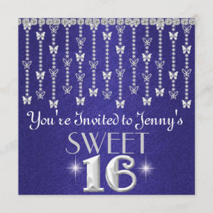 Butterfly BLING SWEET 16 ROYAL BLUE Invitation Kaart