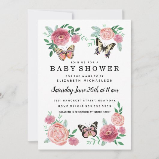 Butterfly Bloemen Roze Baby Meisje Baby shower Kaart (Voorkant)