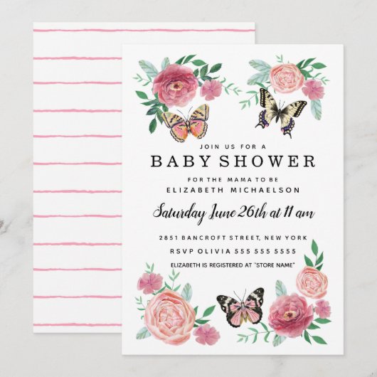 Butterfly Bloemen Roze Baby Meisje Baby shower Kaart (Voorkant / Achterkant)
