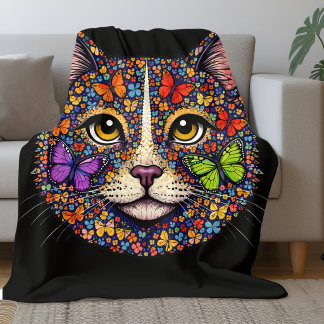 Butterfly Bloom Color Cat Portrait Cats Mom Black Fleece Deken