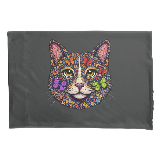 Butterfly Blooms Cat Portrait | Kitty Graphic Art  Kussensloop (Voorkant)