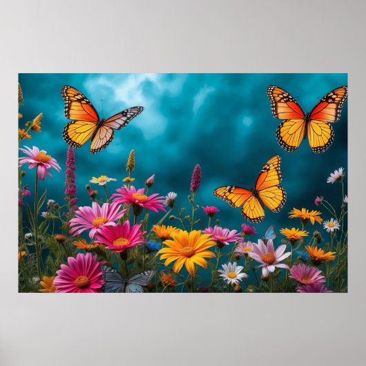 Butterfly Blossom Haven – Levendige Bloemenharmoni Poster (Voorkant)