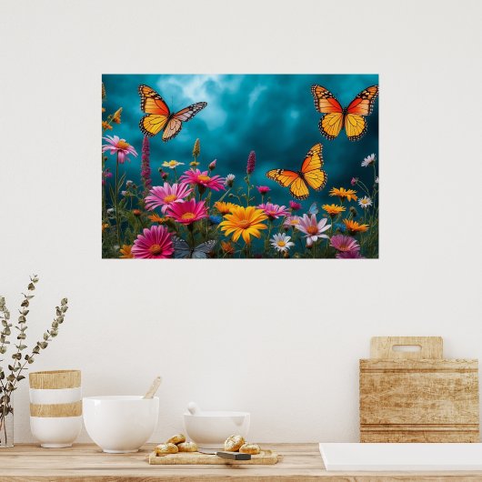 Butterfly Blossom Haven – Levendige Bloemenharmoni Poster (Keuken)