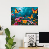 Butterfly Blossom Haven – Levendige Bloemenharmoni Poster (Thuiskantoor)