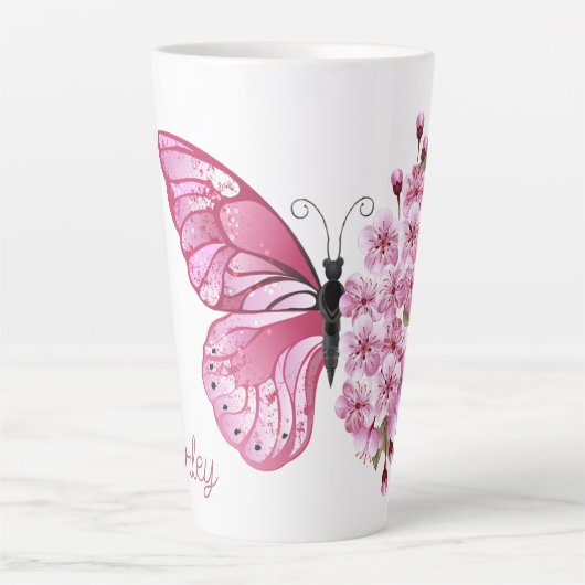 Butterfly Blossom Latte Mok met aangepaste naam (Voorkant)