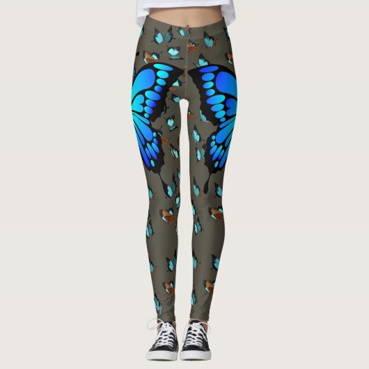 Butterfly Blue Blauwgroen op grijze Leggings S tot (Voorkant)